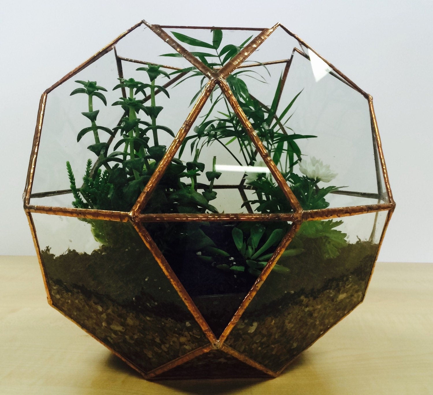 Handmade Glass Terrarium, Geometric Globe, Copper Foil, Wedding Centerpiece (12x10x10)