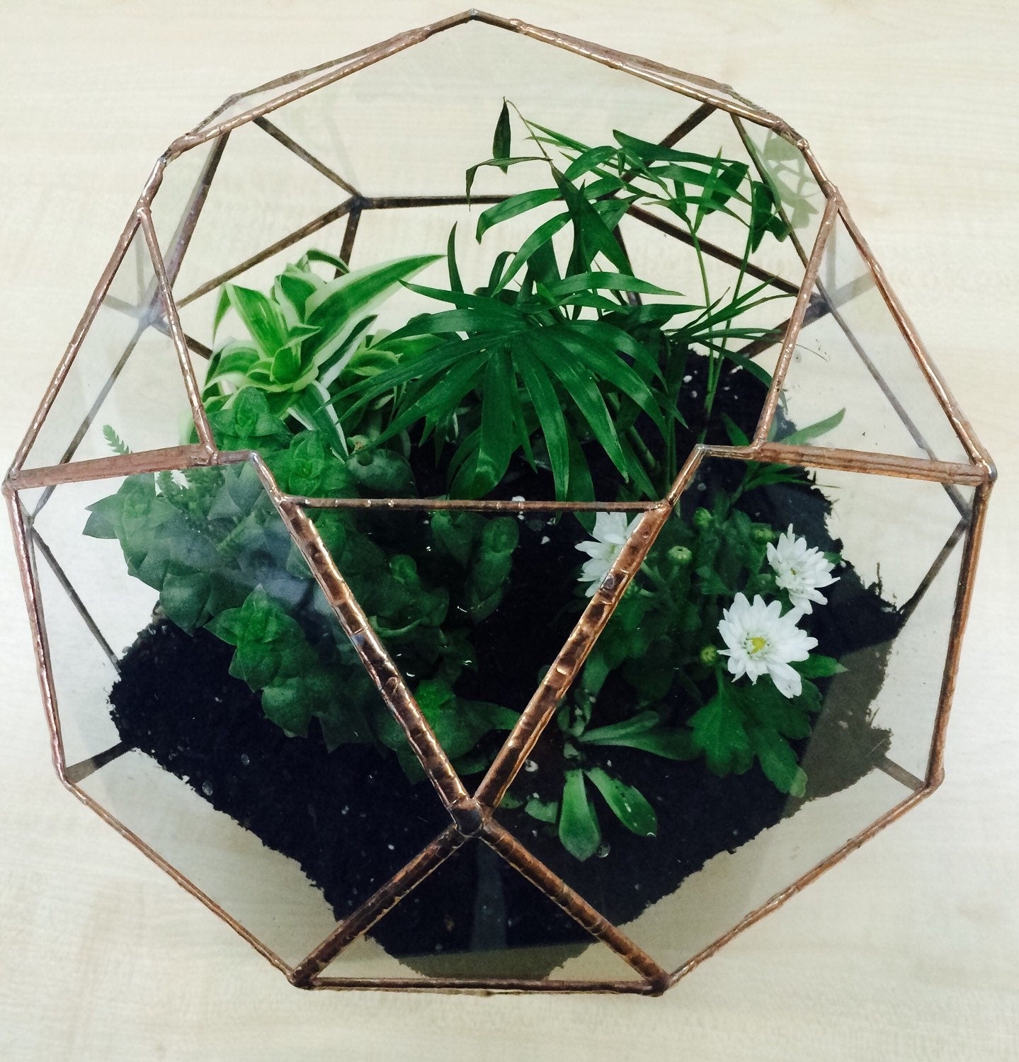 Handmade Glass Terrarium, Geometric Globe, Copper Foil, Wedding Centerpiece (12x10x10)