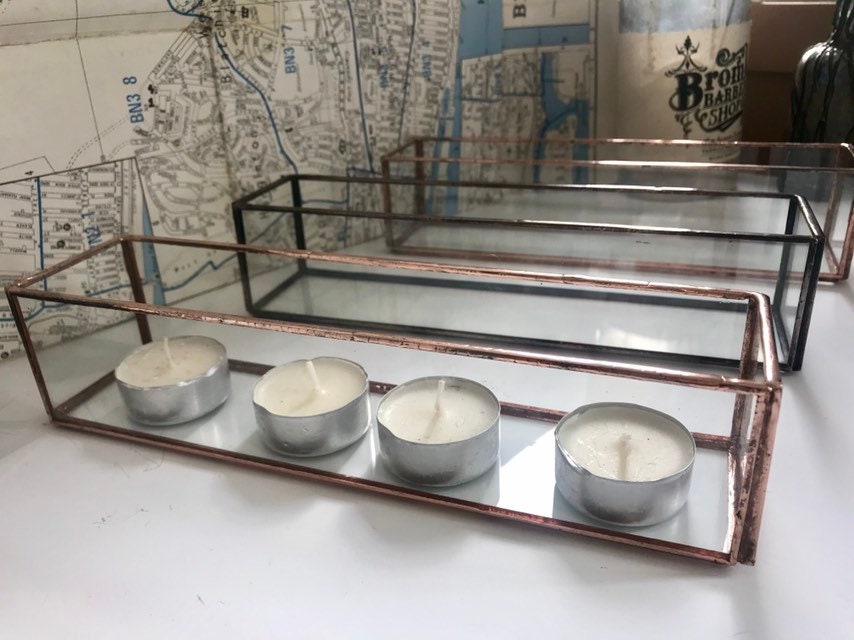 Recycled glass tealight box, eco home gift, repurposed materials, keepsake box, wedding table decor.