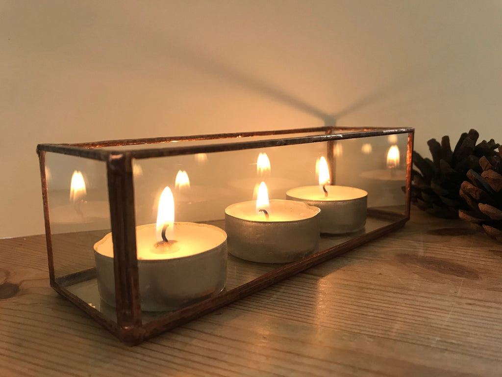 Handmade Recycled Glass Candle Holder, Geometric Display Box (6” x 2” x 2”)