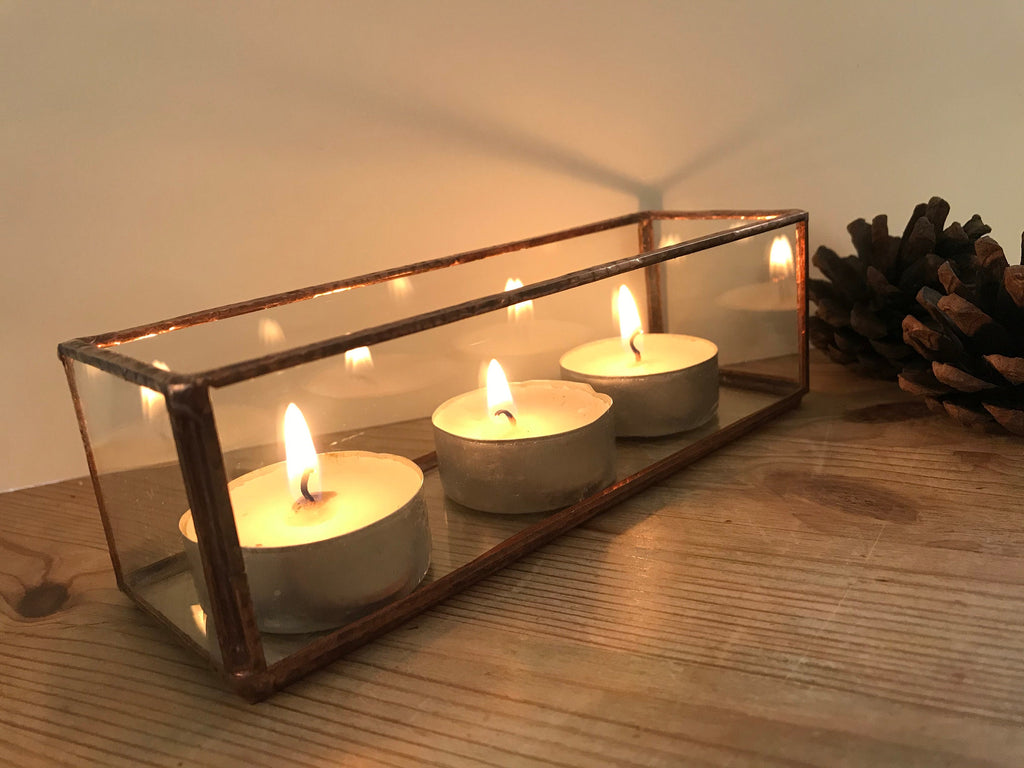Handmade Recycled Glass Candle Holder, Geometric Display Box (6” x 2” x 2”)