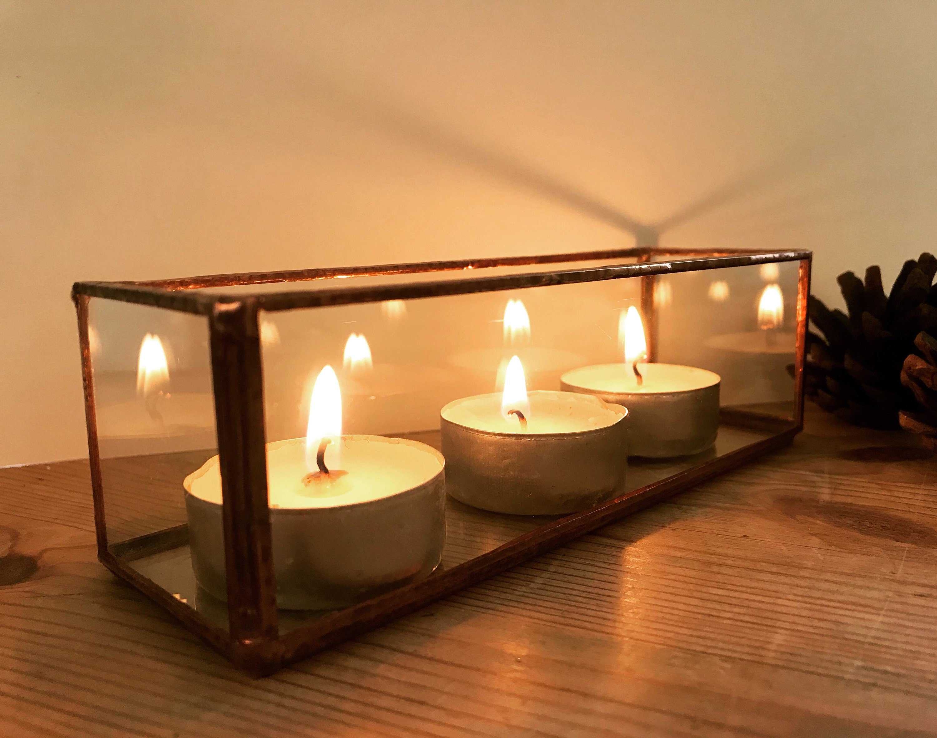 Handmade Recycled Glass Candle Holder, Geometric Display Box (6” x 2” x 2”)