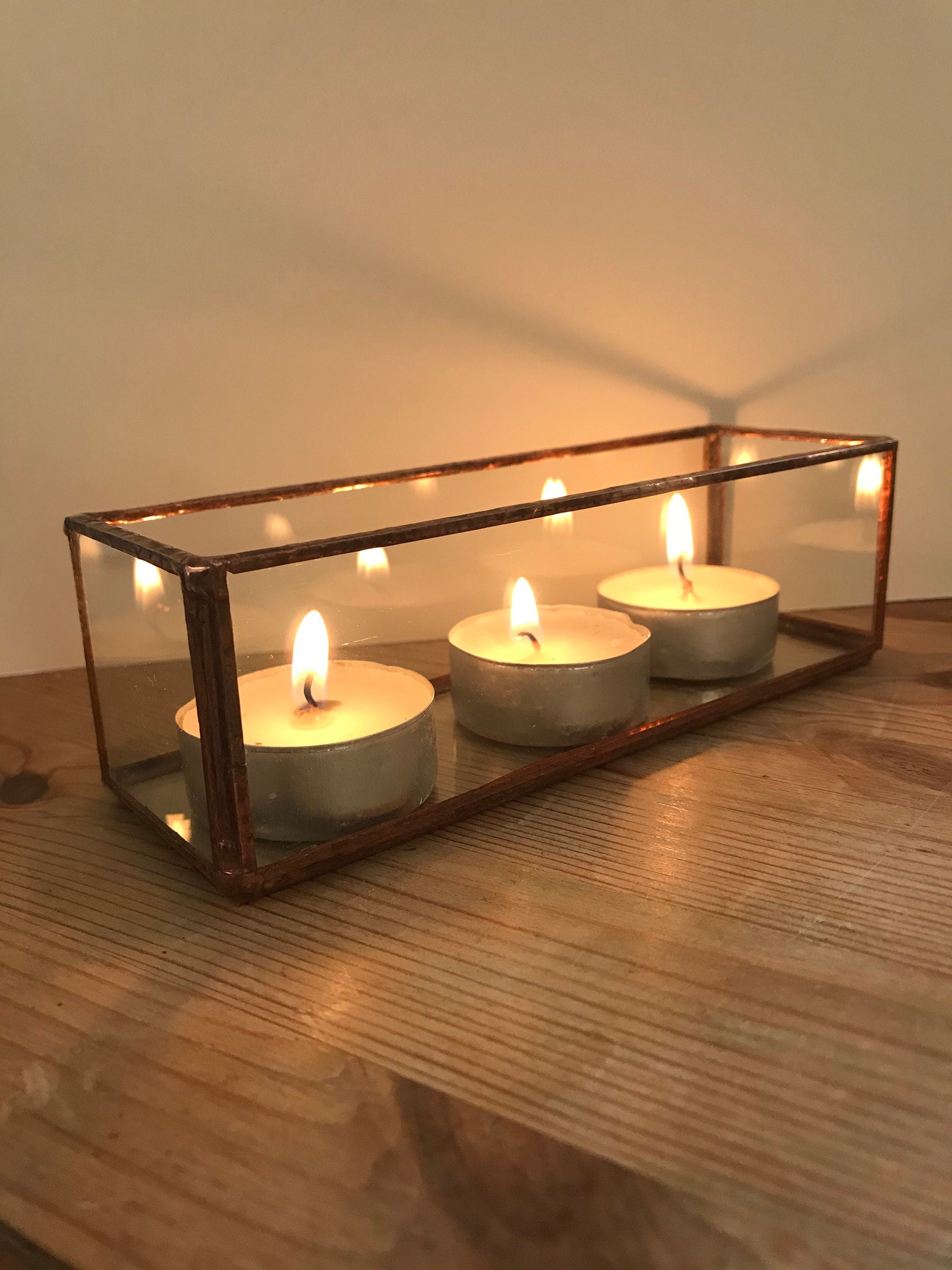 Handmade Recycled Glass Candle Holder, Geometric Display Box (6” x 2” x 2”)