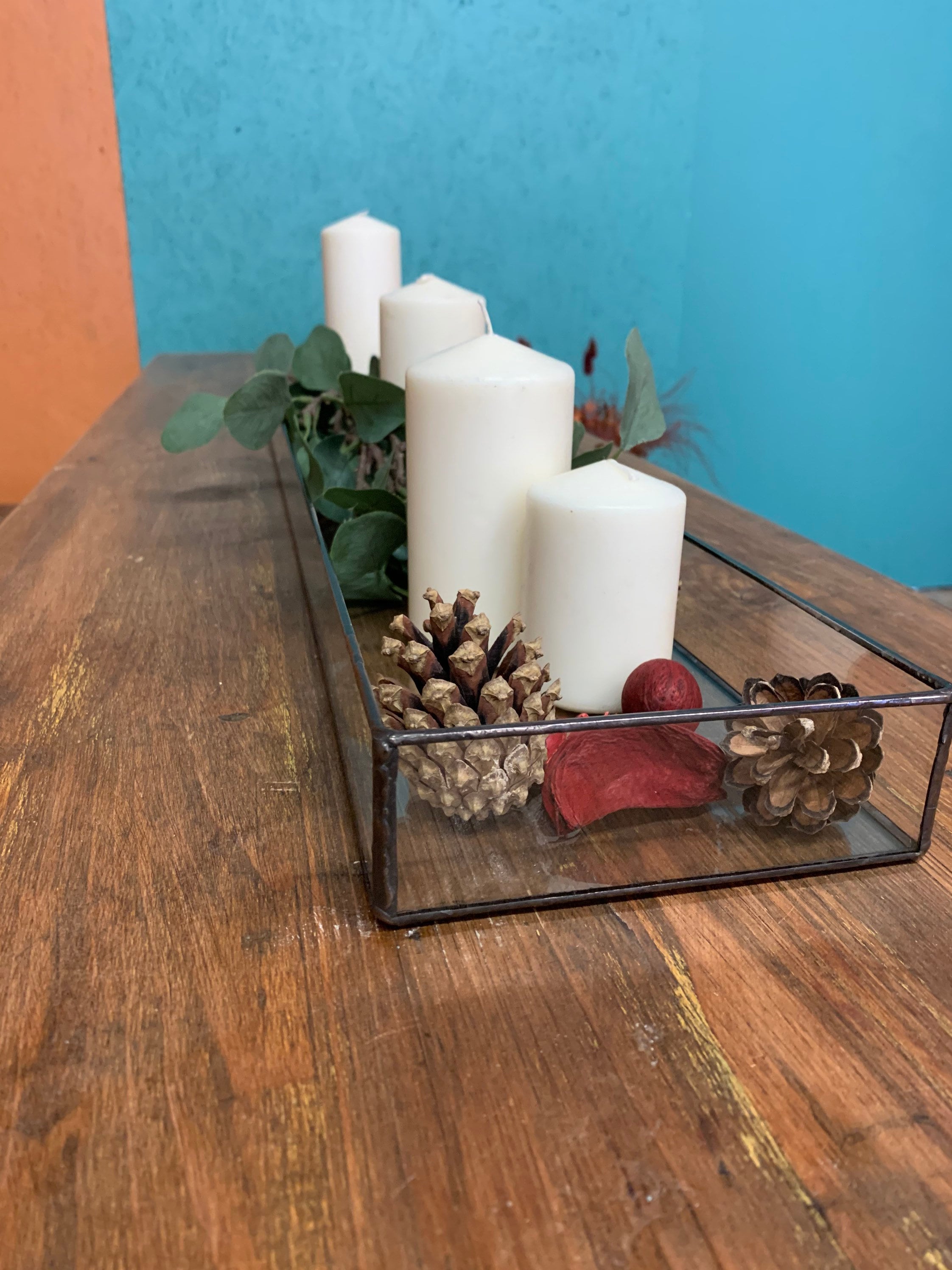 Handmade Glass Candle Trough, Copper Foil Centerpiece, Wedding Decor