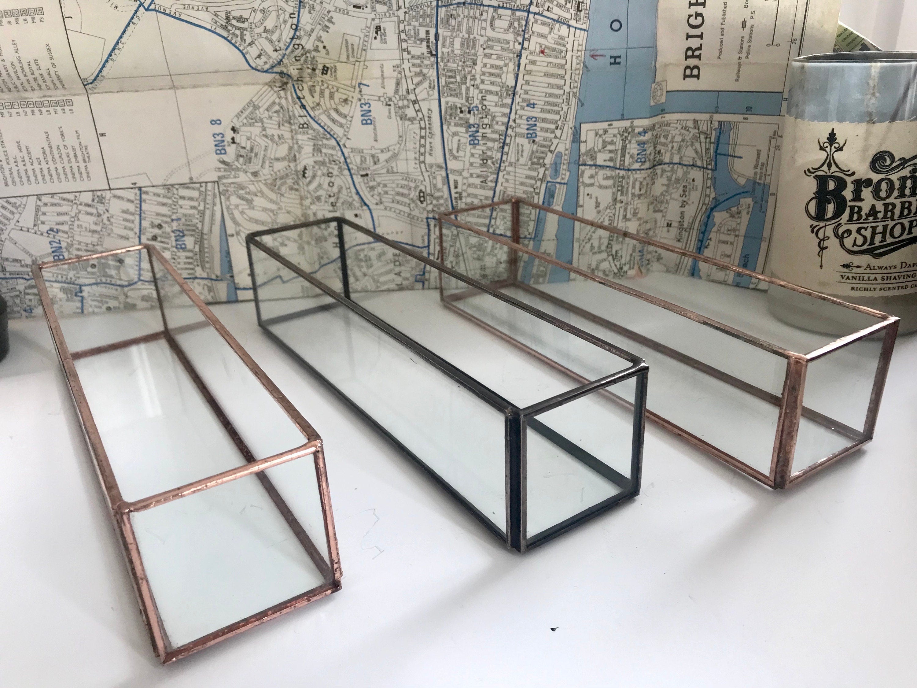 Handmade Recycled Glass Candle Holder, Geometric Display Box (6” x 2” x 2”)