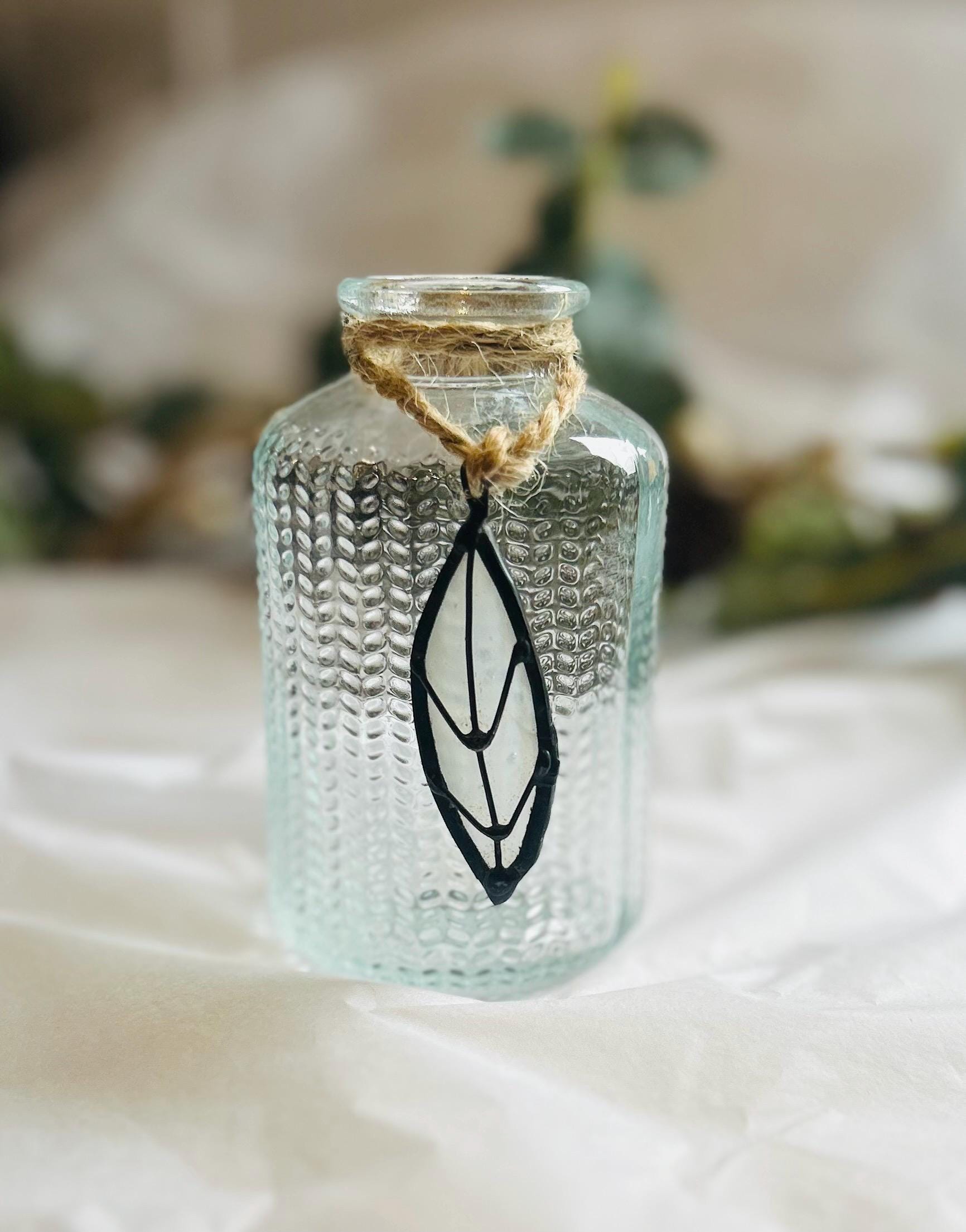 Ribbed Glass Bud Vase, Stained Glass Leaf Decor