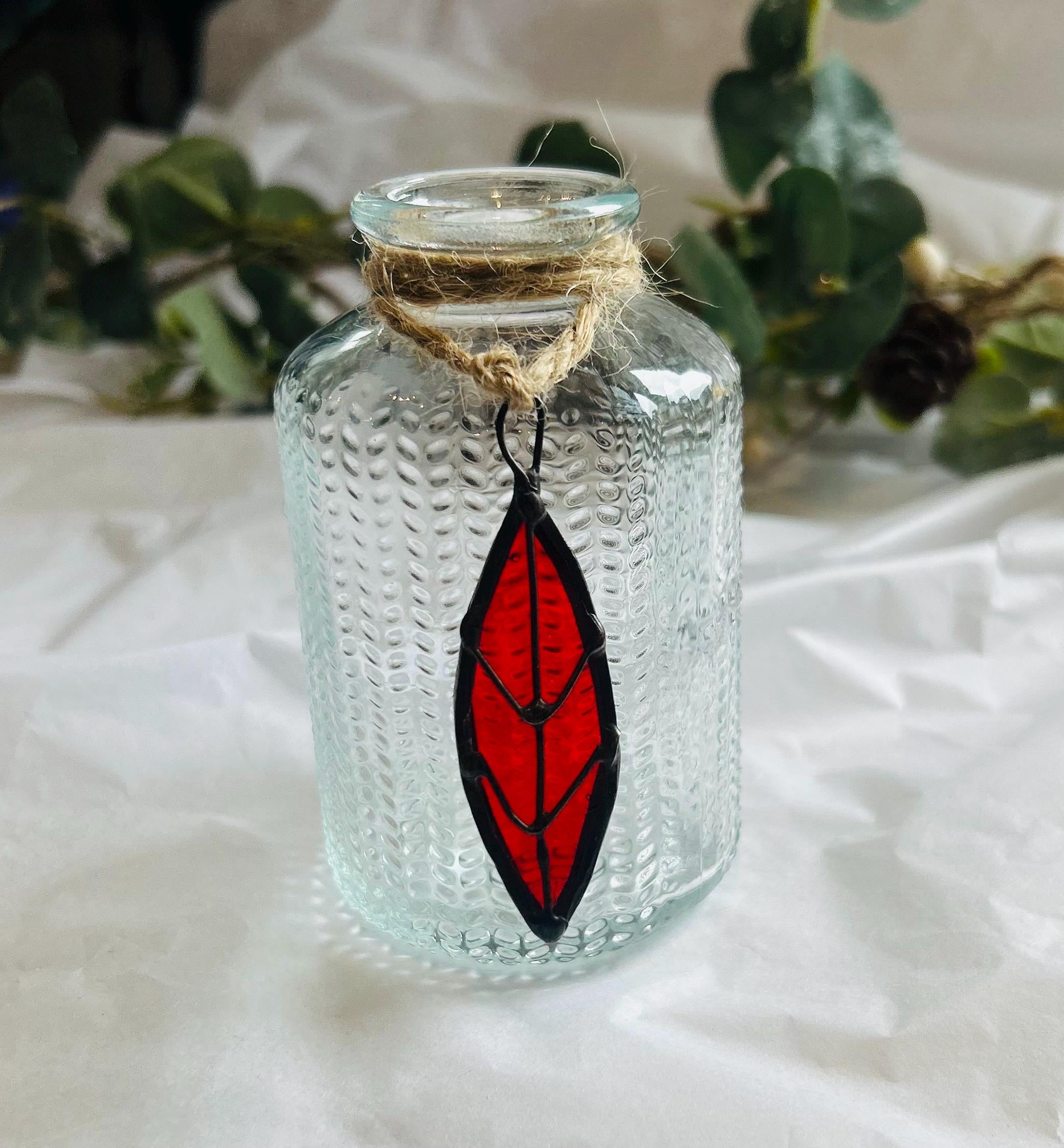 Ribbed Glass Bud Vase, Stained Glass Leaf Decor