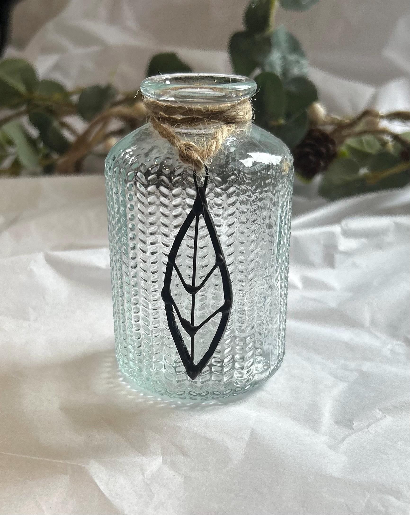 Ribbed Glass Bud Vase, Stained Glass Leaf Decor