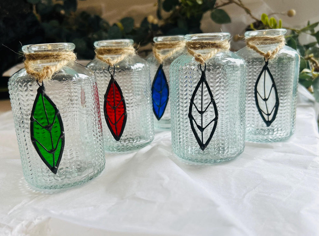 Ribbed Glass Bud Vase, Stained Glass Leaf Decor