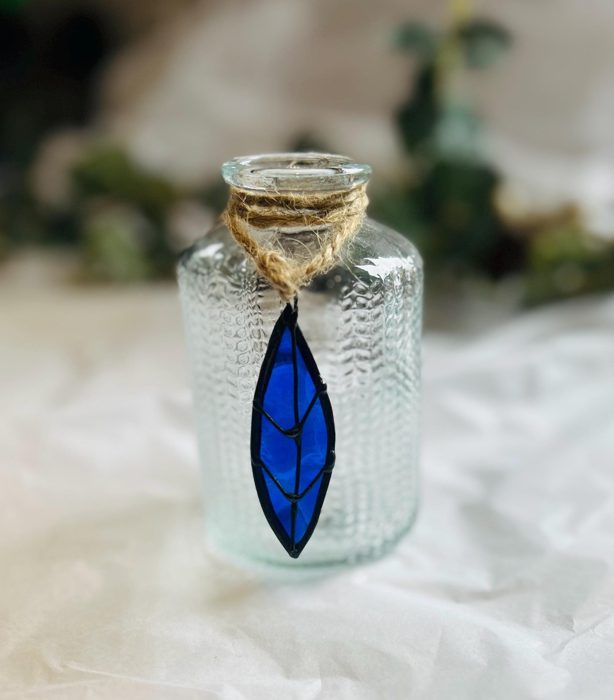 Ribbed Glass Bud Vase, Stained Glass Leaf Decor